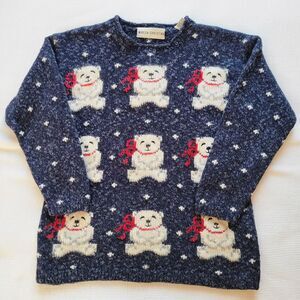 Vintage MARISA CHRISTINA Teddy Bear Sweater Sz S Wool Blend 3/4 Sleeve Christmas